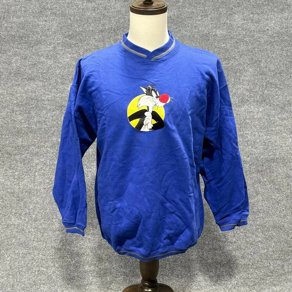 Vintage Looney Tunes Sweatshirt Boys XL 18/20 Blue Sylvester Tweety Graphic